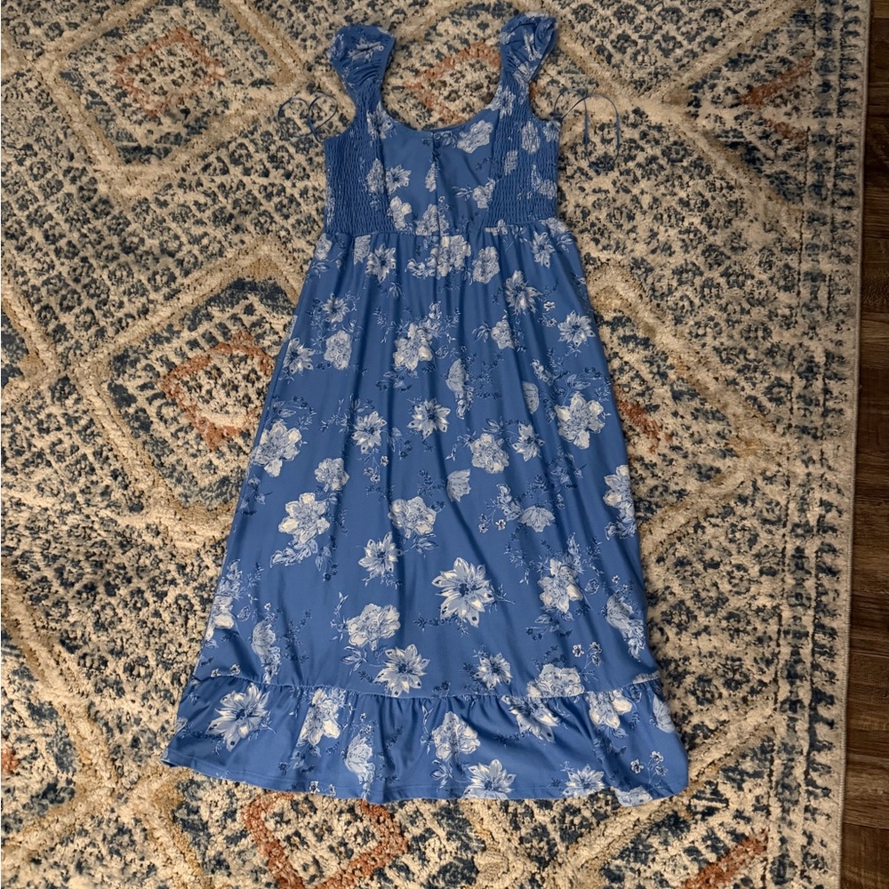 Pink Rose Blue Floral Maxi Dress